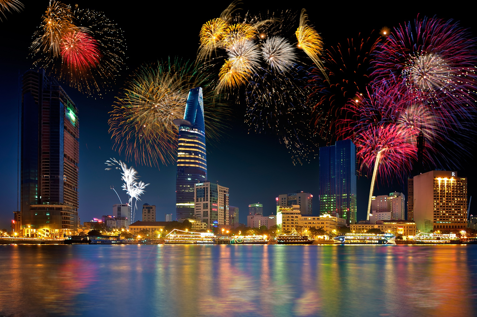 Fireworks over Ho Chi Minh City skyline on Liberation Day