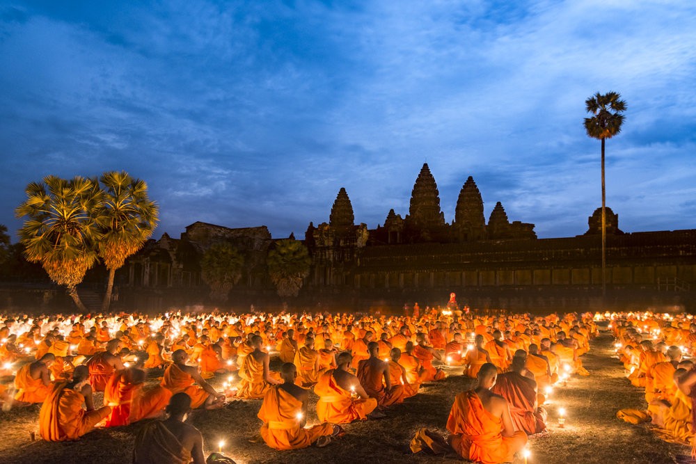 Monks in a Vesak procession in Cambodia