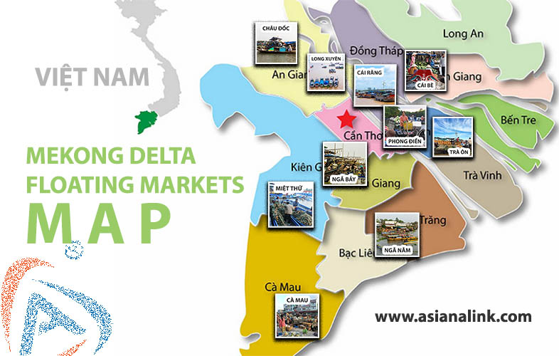 Map of floating markets in Mekong Delta